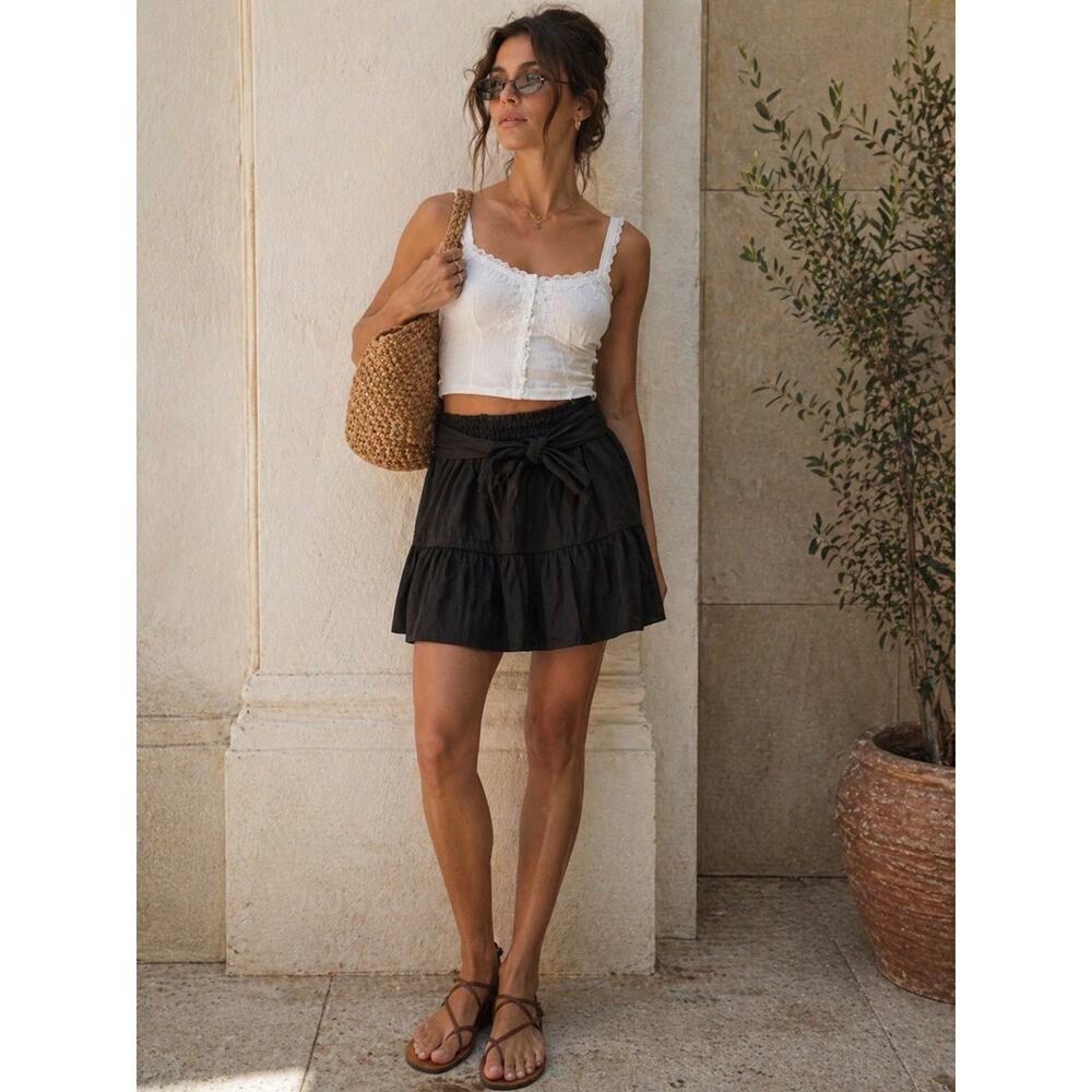 by Anthropologie Black Tiered Mini Skirt Womens Small Somerset Paperbag Tie Bow
